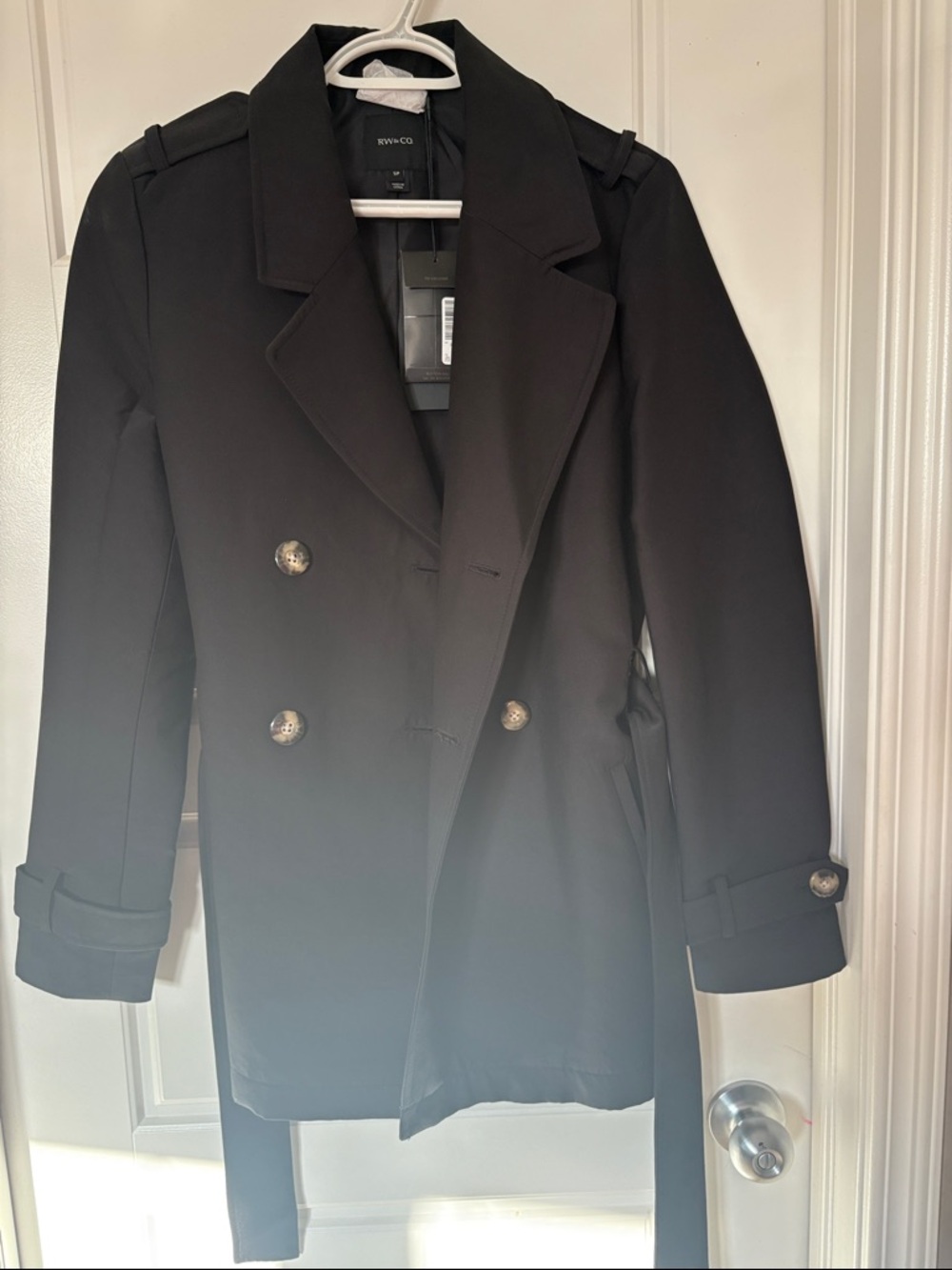 RW&CO. Black Double-Breasted Trench Coat with Belt
